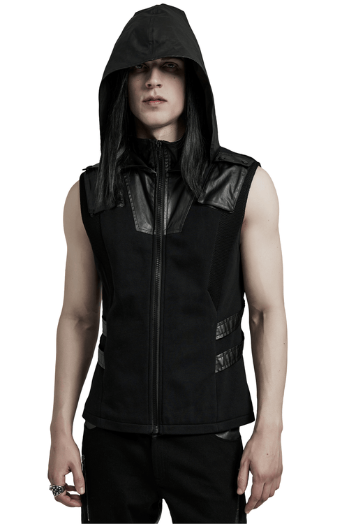 Ärmelloser Techwear-Hoodie mit Lederakzenten und Reißverschluss