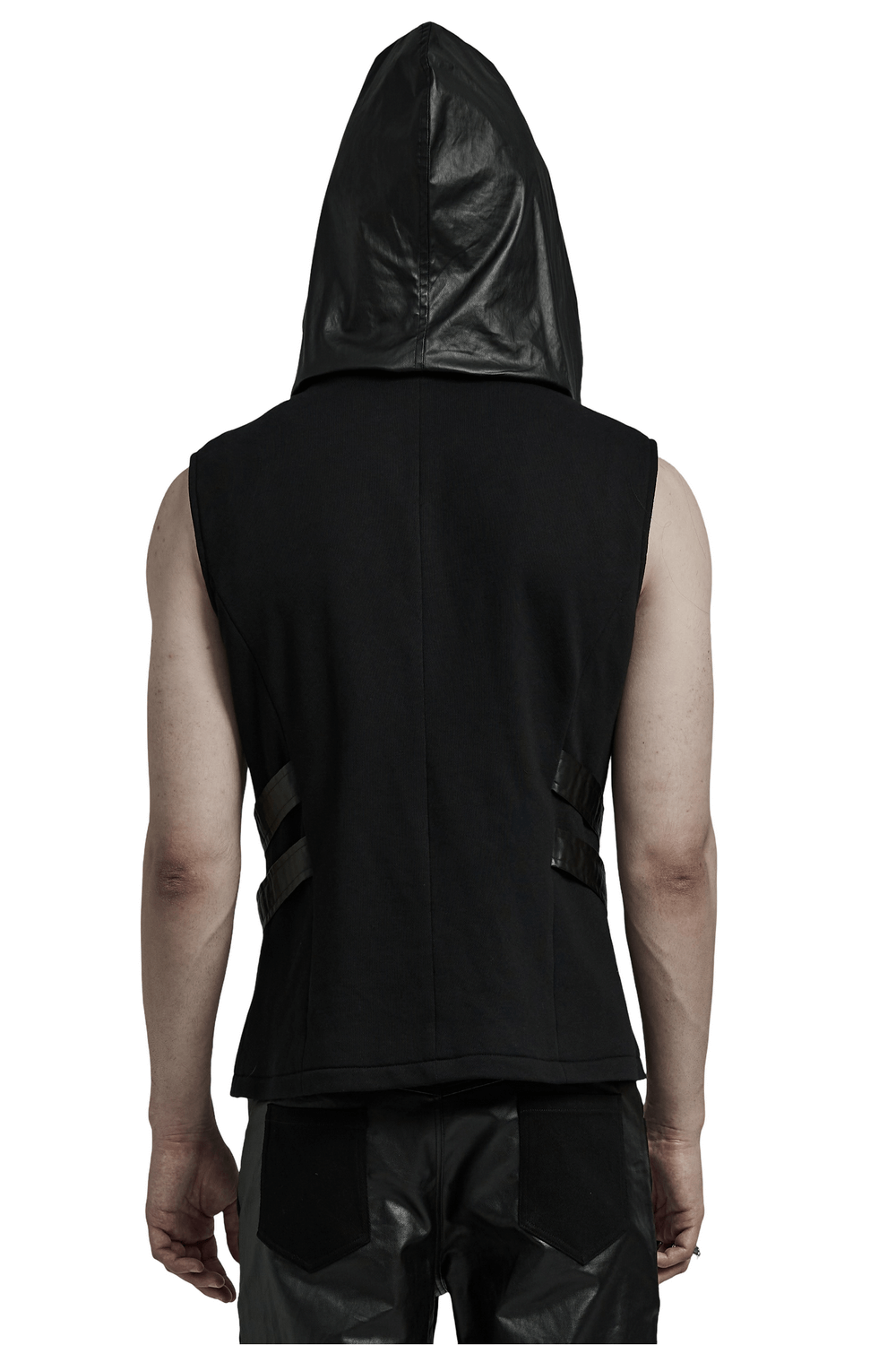 Back view of a men's black techwear sleeveless hoodie with leather accents and zipper details.