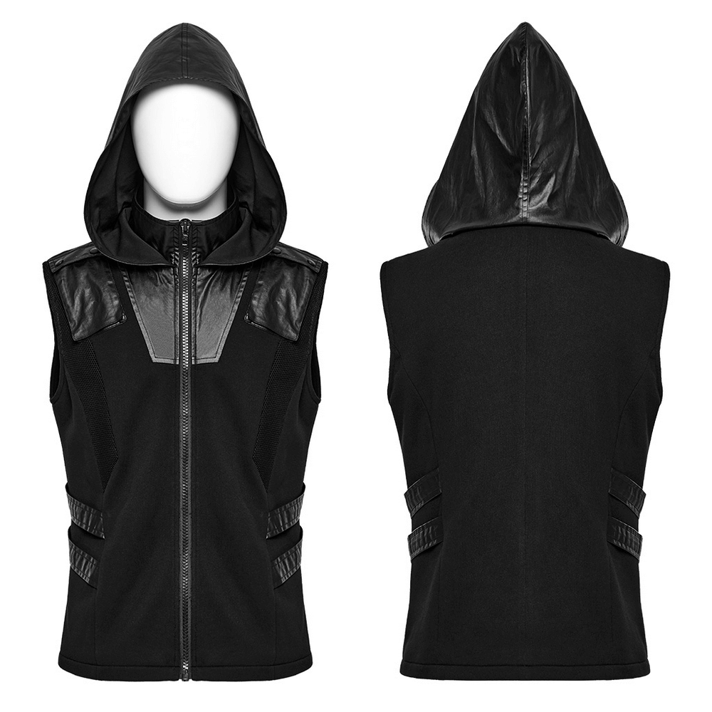 Men's black techwear sleeveless hoodie featuring leather accents and a stylish zipper.