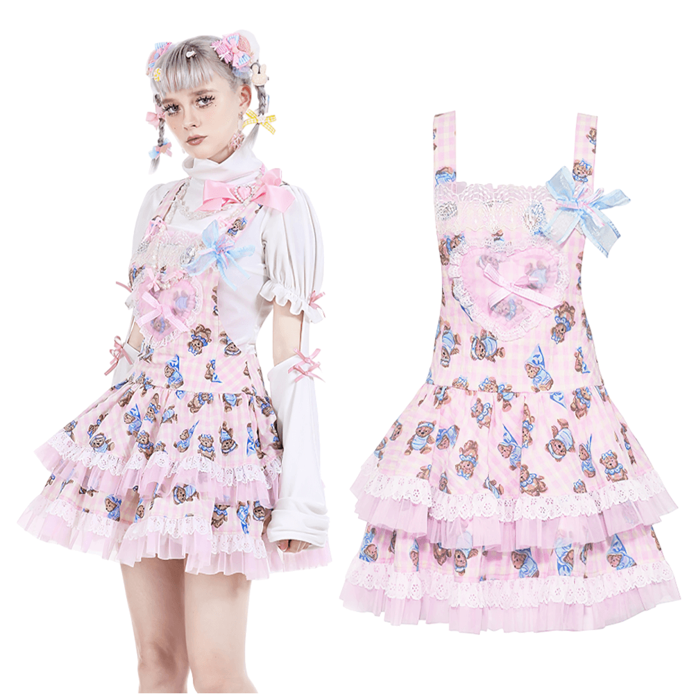 Teddy Bear Print Pink Dress with Ruched Bodice