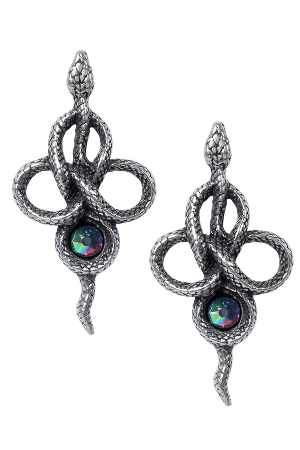Tercia Serpent Earrings featuring silver snakes and mystic gem, embodying Wiccan Rule of Three symbolism.