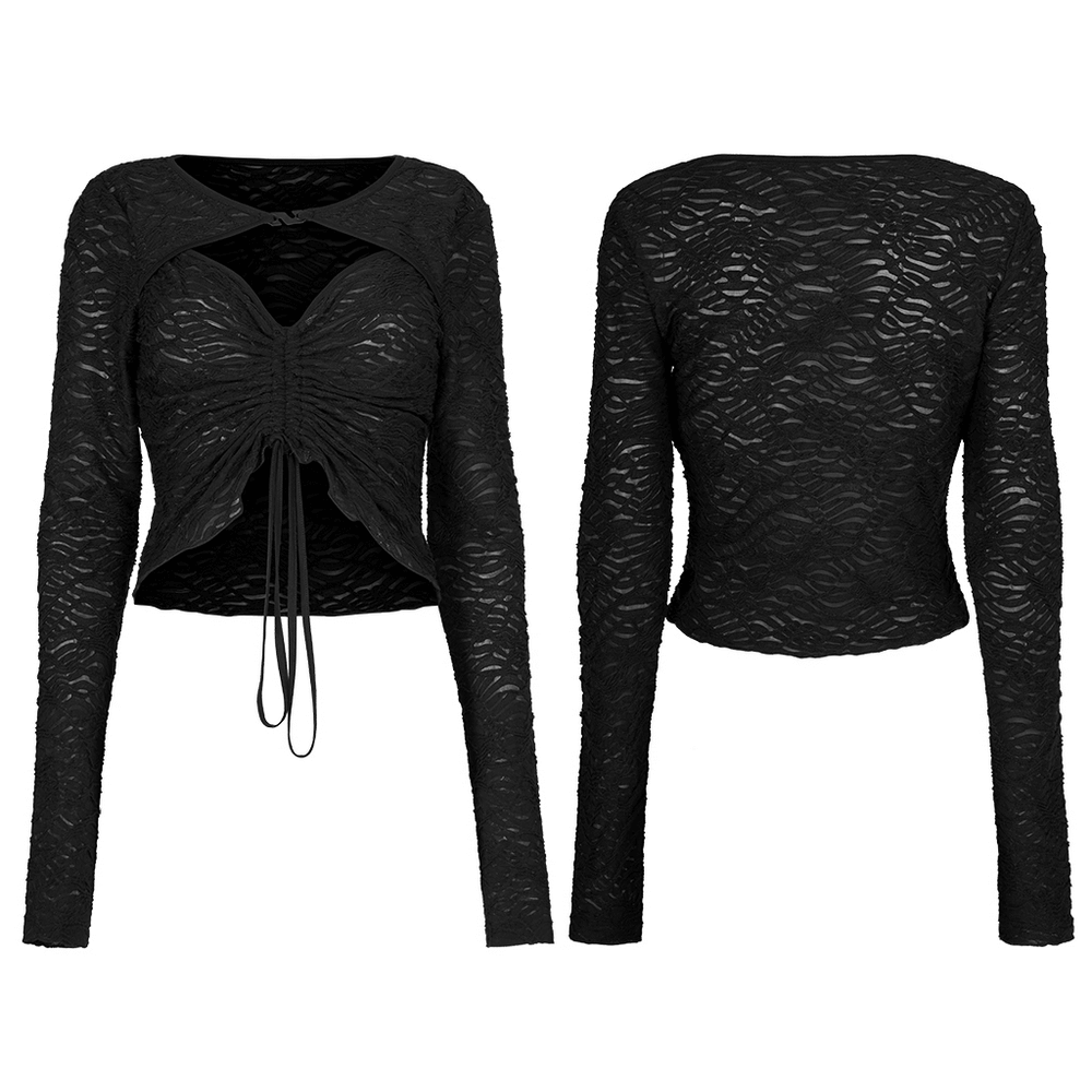 Textured Drawstring Sexy Long-Sleeves Two-Wear Top - HARD'N'HEAVY