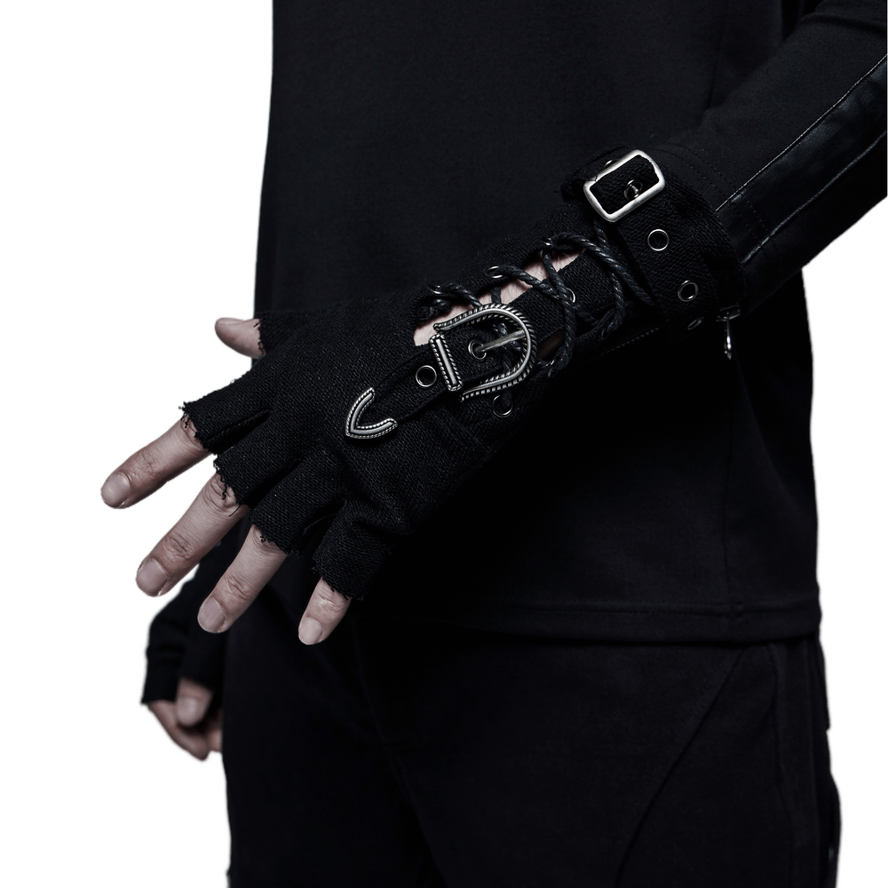 Stylish black textured punk gloves with side zippers and adjustable loop for a perfect fit.
