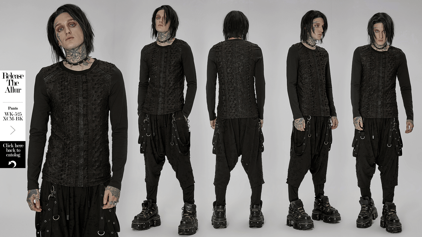 Gothic styled model showcasing a textured black long sleeve knit top with webbing pattern.