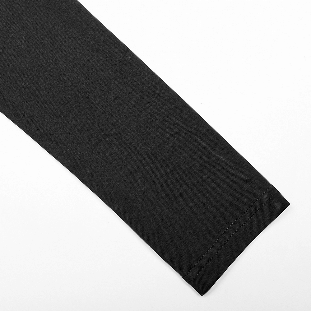 Close-up of a long black sleeve from a textured webbed gothic knit top, highlighting its sleek fabric and finish.