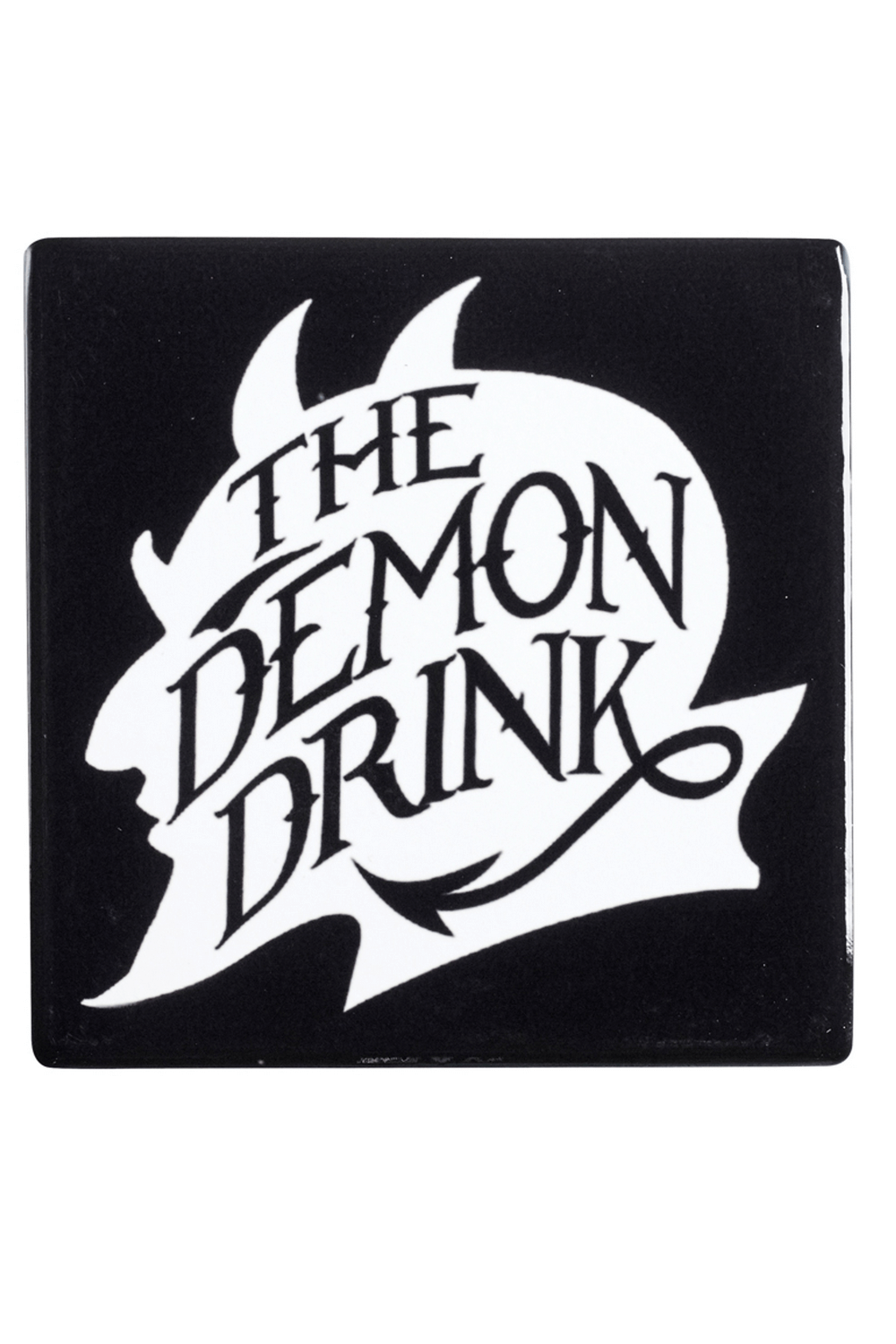 Ceramic coaster with 'The Demon Drink' in a devil skull design, perfect for gothic home decor or spooky bars.