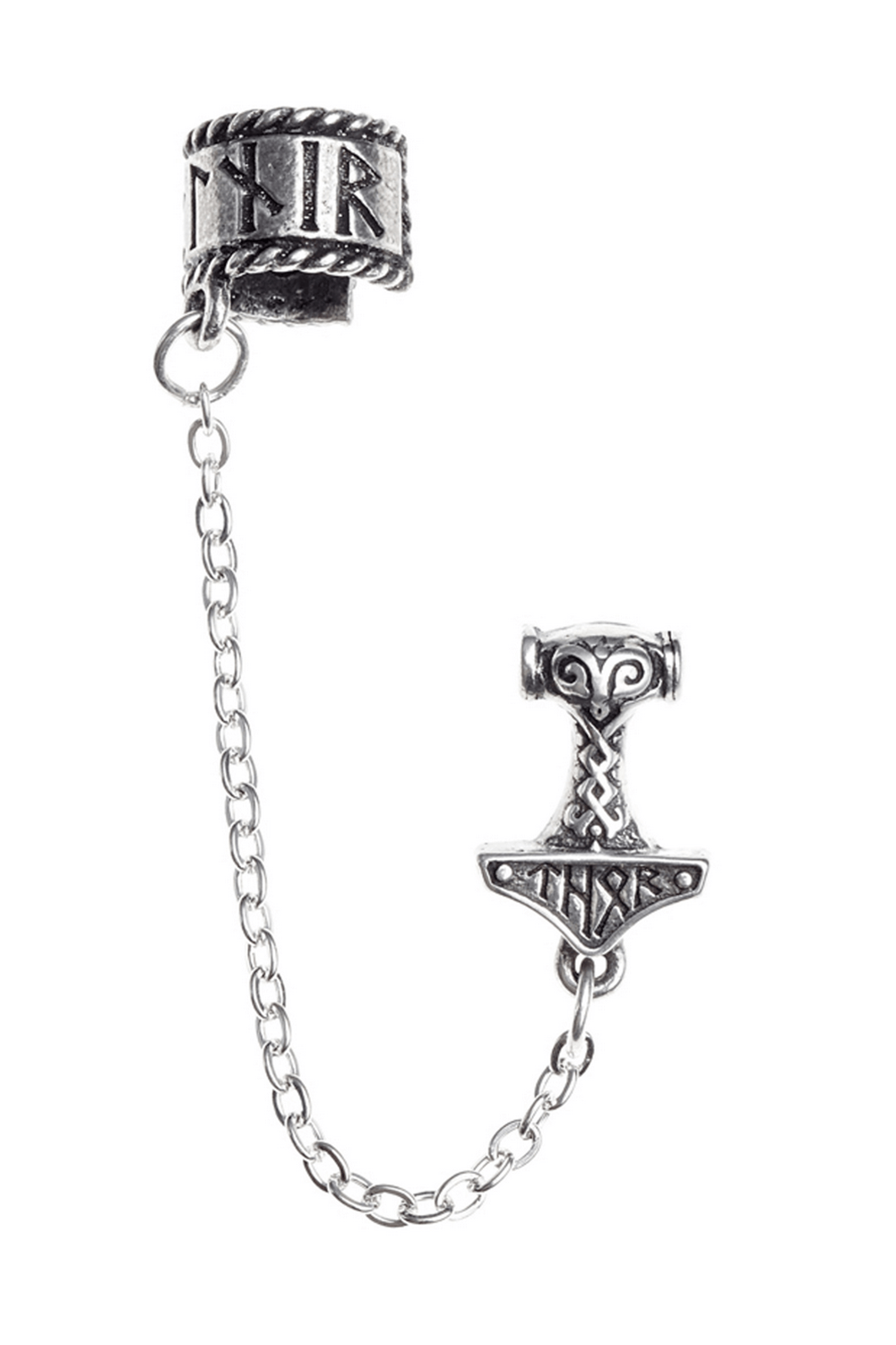 Norse-inspired Thor's Hammer ear cuff with runic details and chain, symbolizing thunder and Viking power.
