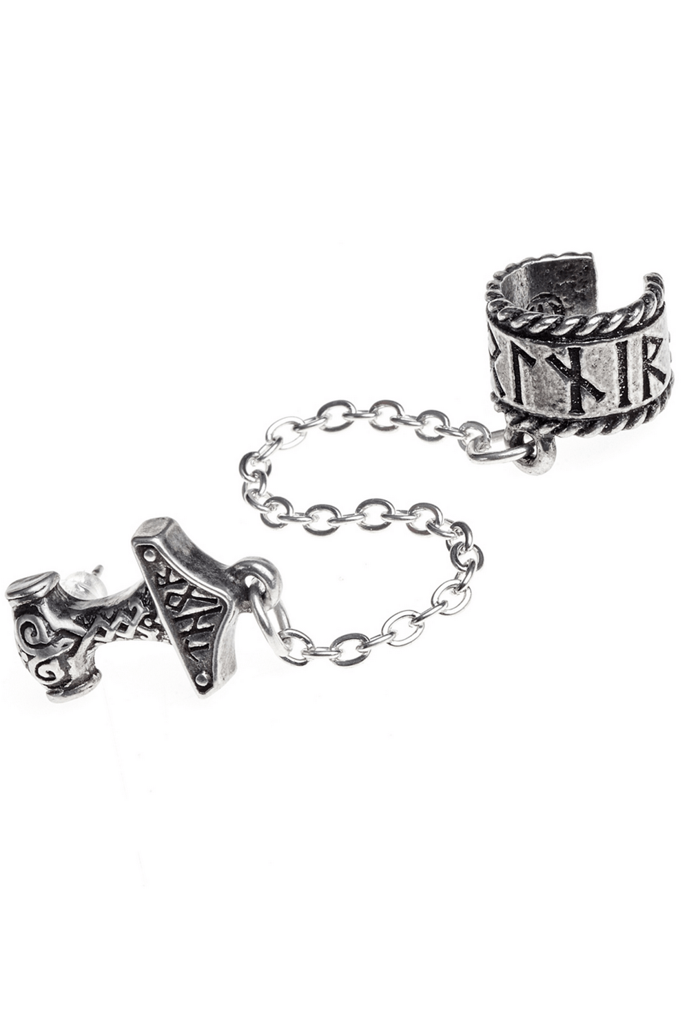 Thor's Hammer chain ear cuff with runic inscription, showcasing Norse-inspired design and Viking style.