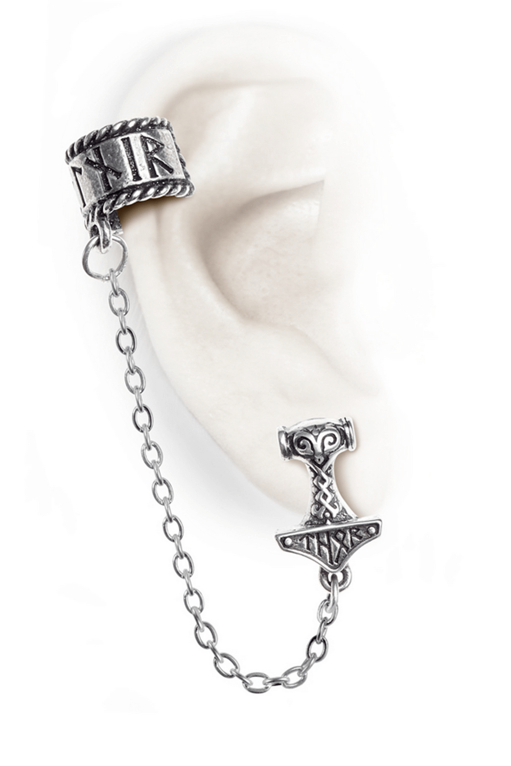 Norse-inspired Thor's hammer ear cuff with runes and chain, evoking Viking power and style.