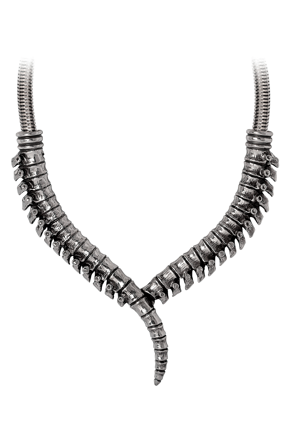Thoracic Vertebrae-Inspired Spine Collar Necklace showcasing intricate spinal design in fine English pewter.