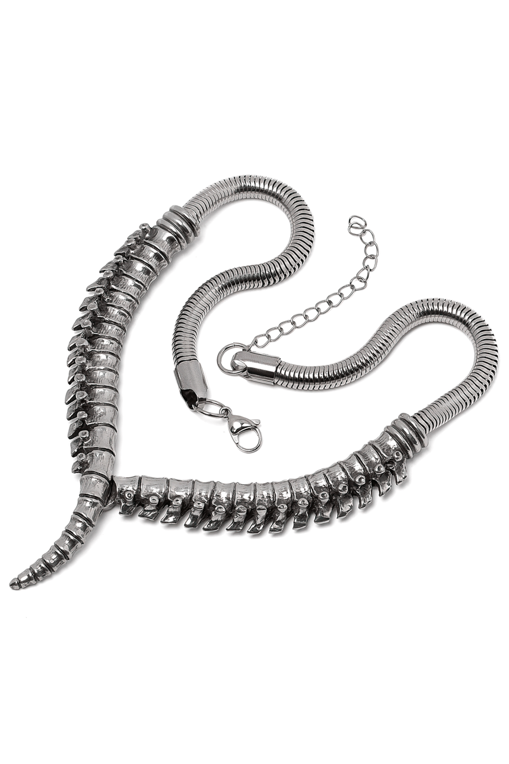 Thoracic Vertebrae-Inspired Spine Collar Necklace showcasing intricate anatomical details in polished English pewter.