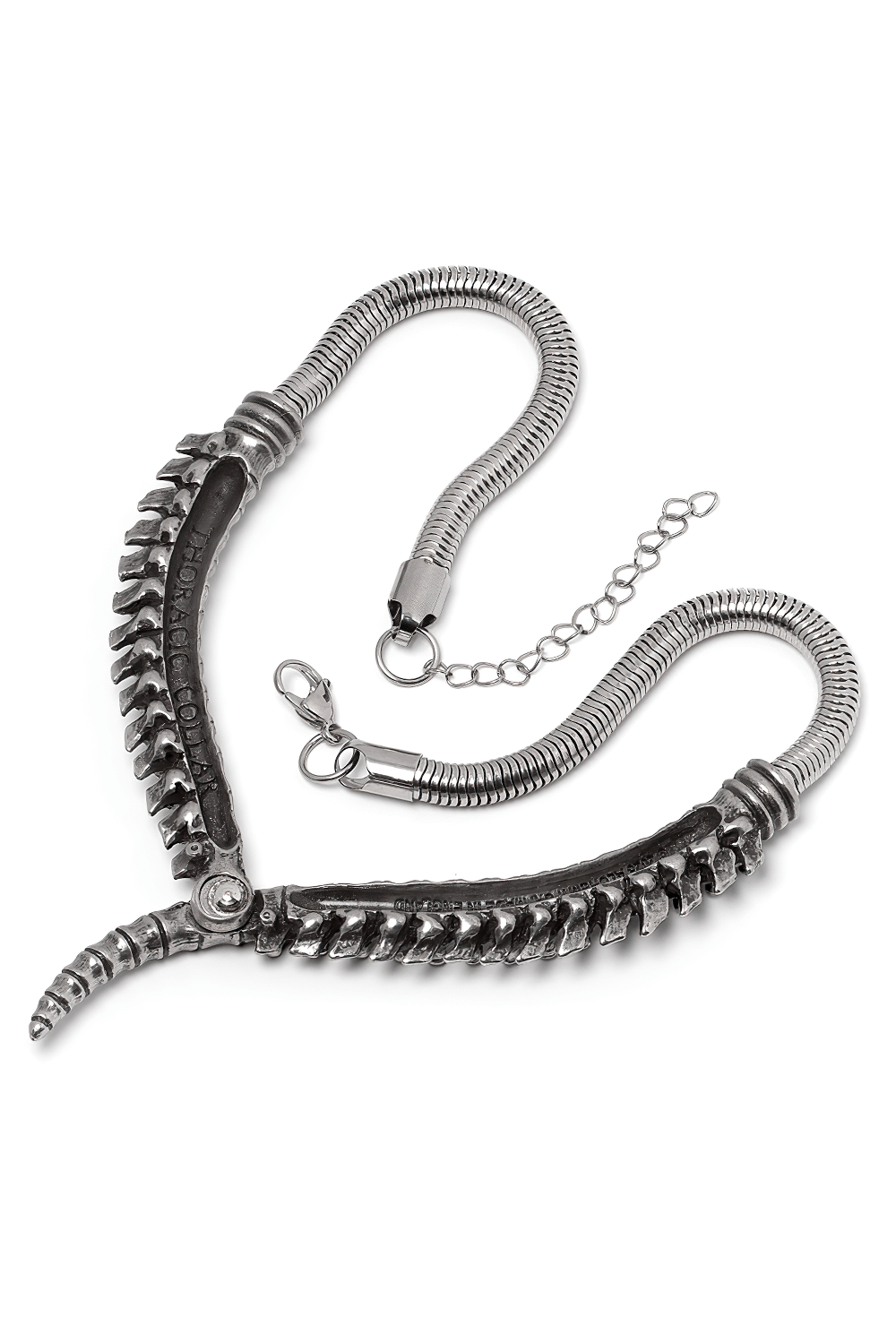 Thoracic Vertebrae-Inspired Spine Collar Necklace showcasing anatomical design in polished pewter.