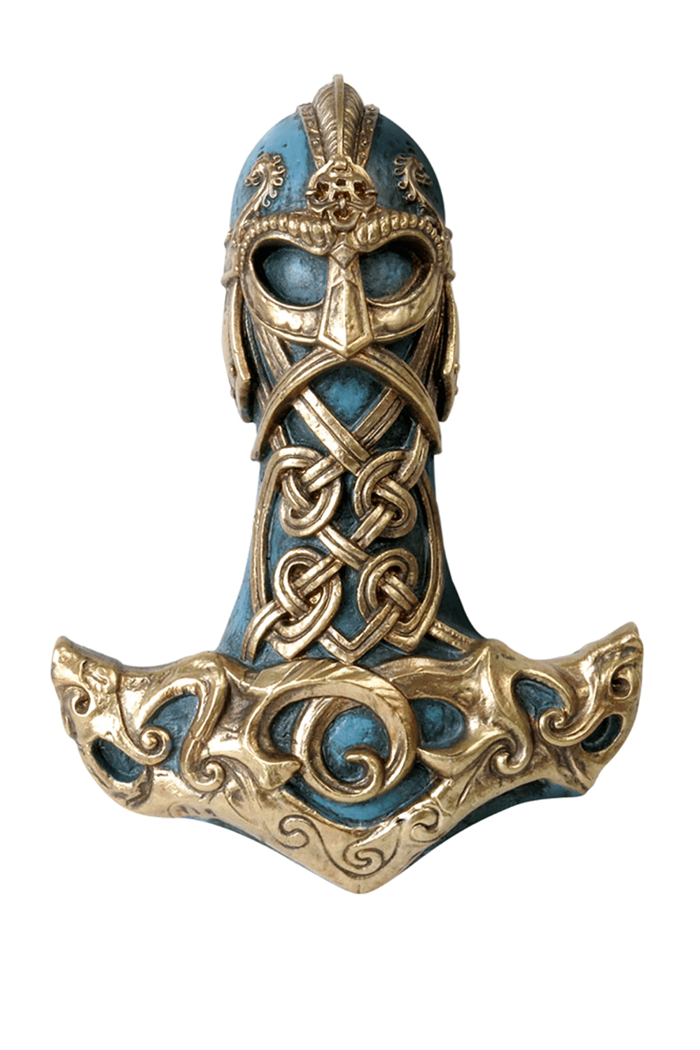 Thor's Mjolnir wall mount in blue and gold, inspired by Norse mythology, perfect for Viking decor.