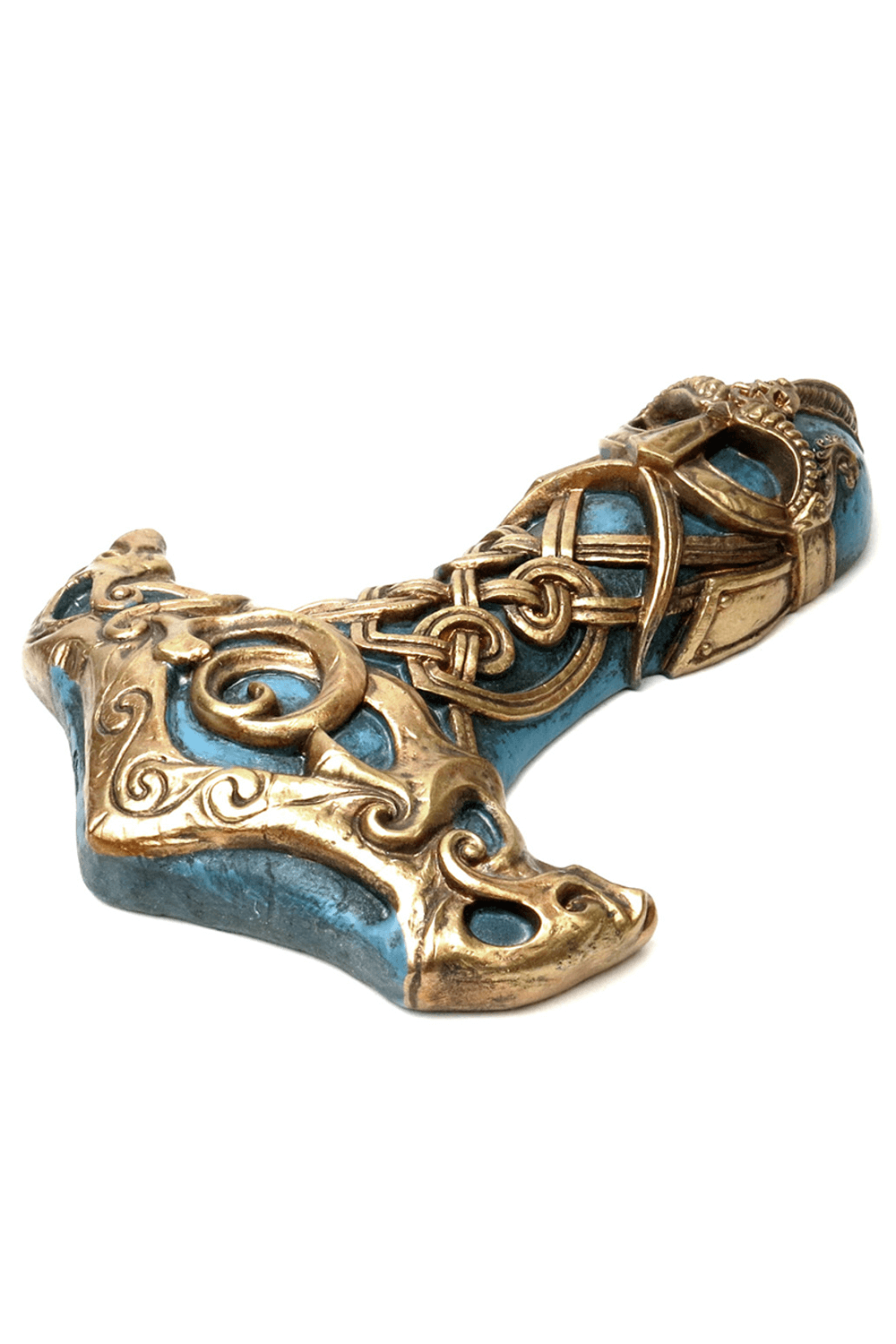 Thor's Mjolnir resin wall mount with intricate gold and blue Norse designs, perfect for Viking decor enthusiasts.