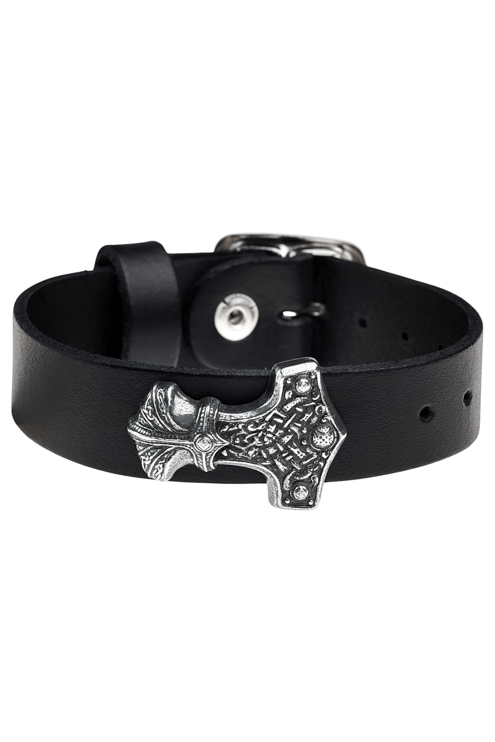 Thor's Mjolnir Viking Hammer Black Leather Wrist Strap with antiqued pewter pendant