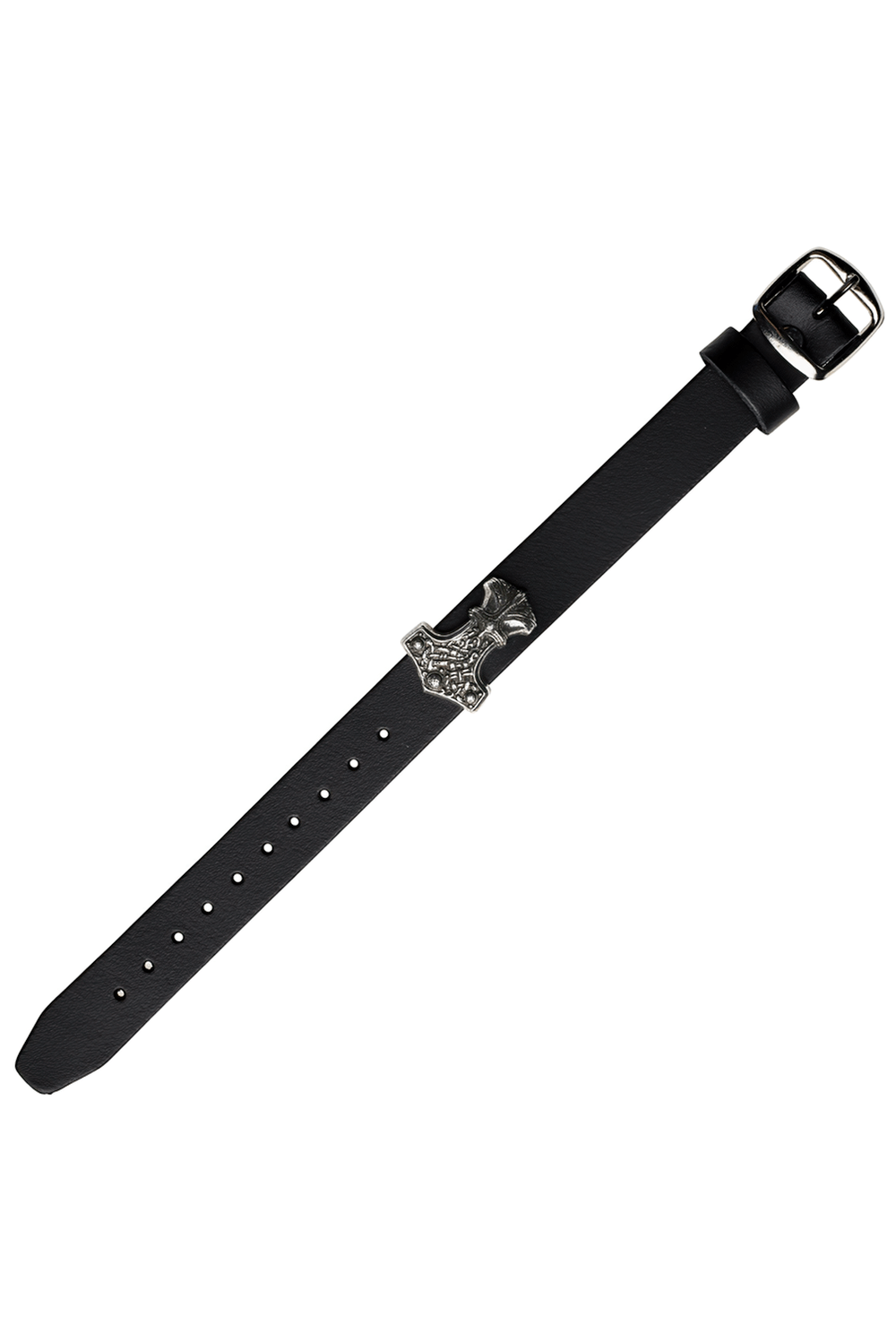 Thor's Mjolnir Viking Hammer Black Leather Wrist Strap with pewter Mjolnir pendant on black strap.