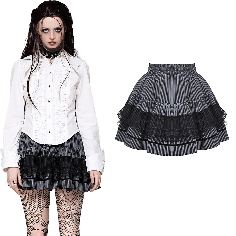 Tiered striped skirt with lace and ruffles, styled elegantly with a white blouse and black fishnet stockings.