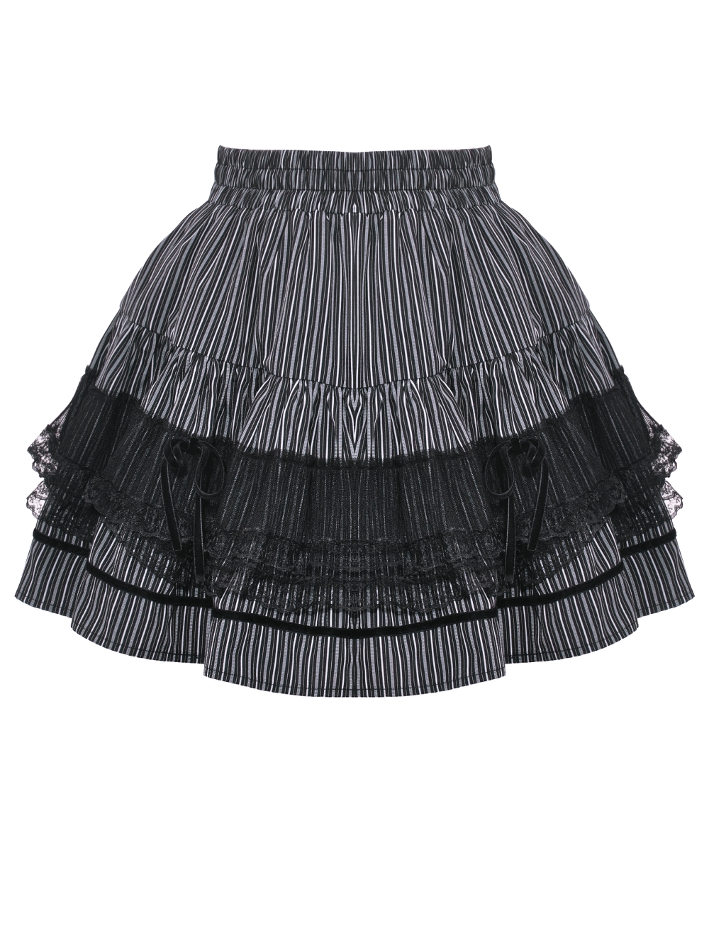 Tiered stripe skirt with lace details and playful ruffles for a chic, stylish look.