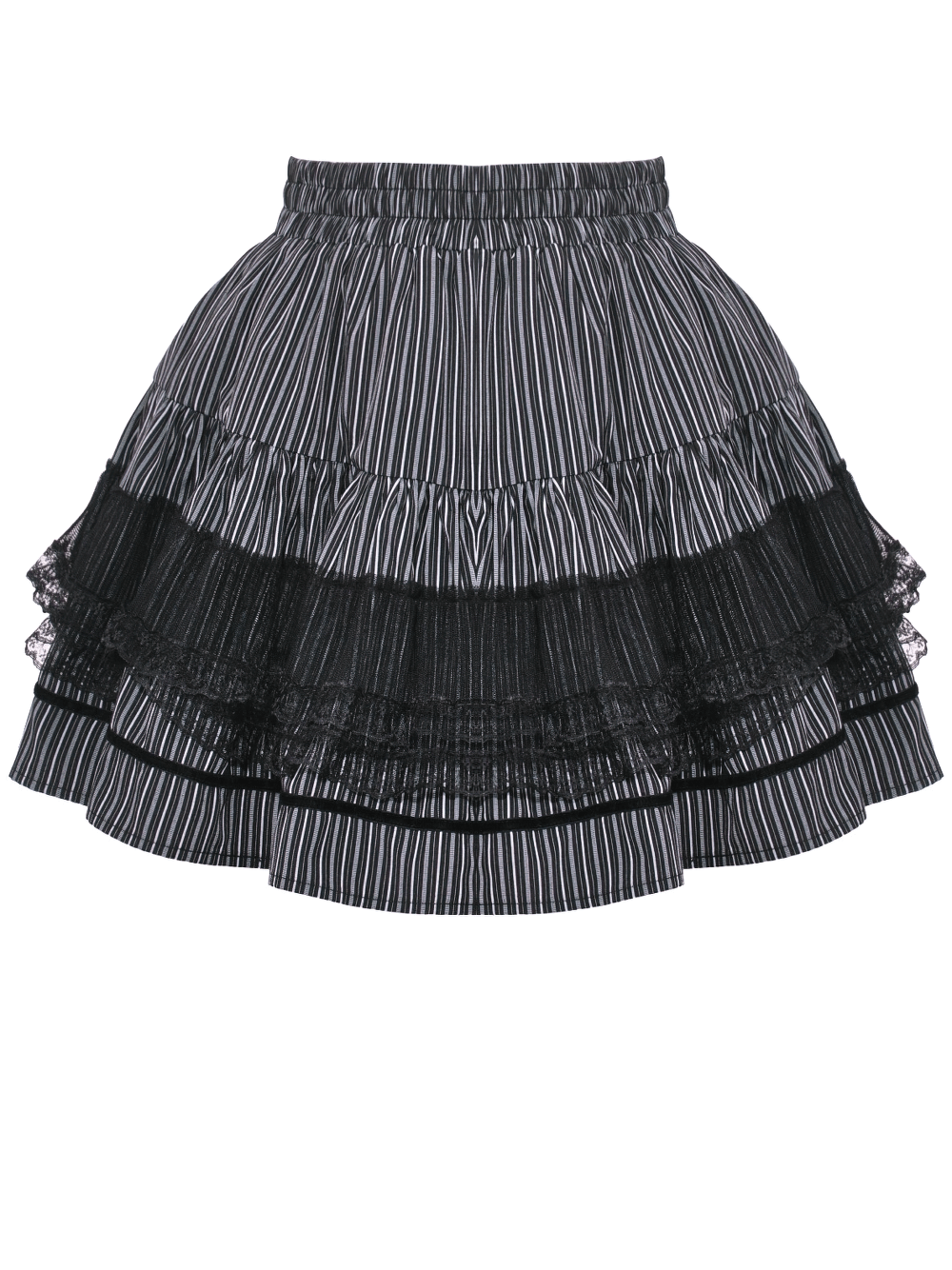 Tiered striped skirt with ruffles and elegant lace details, perfect for stylish outfit styling.