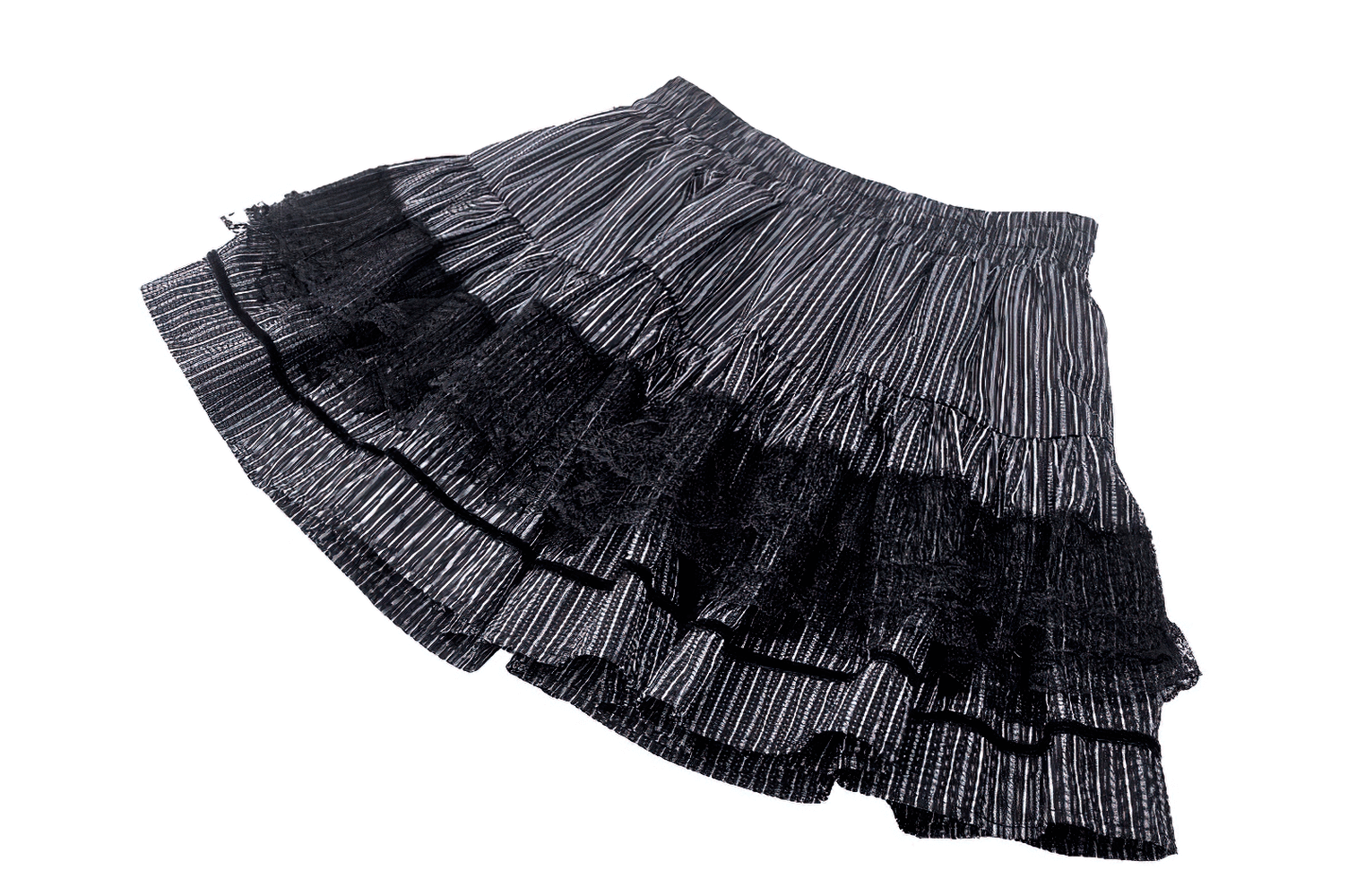 Tiered stripe skirt with lace details and ruffles, perfect for chic and sophisticated styling.