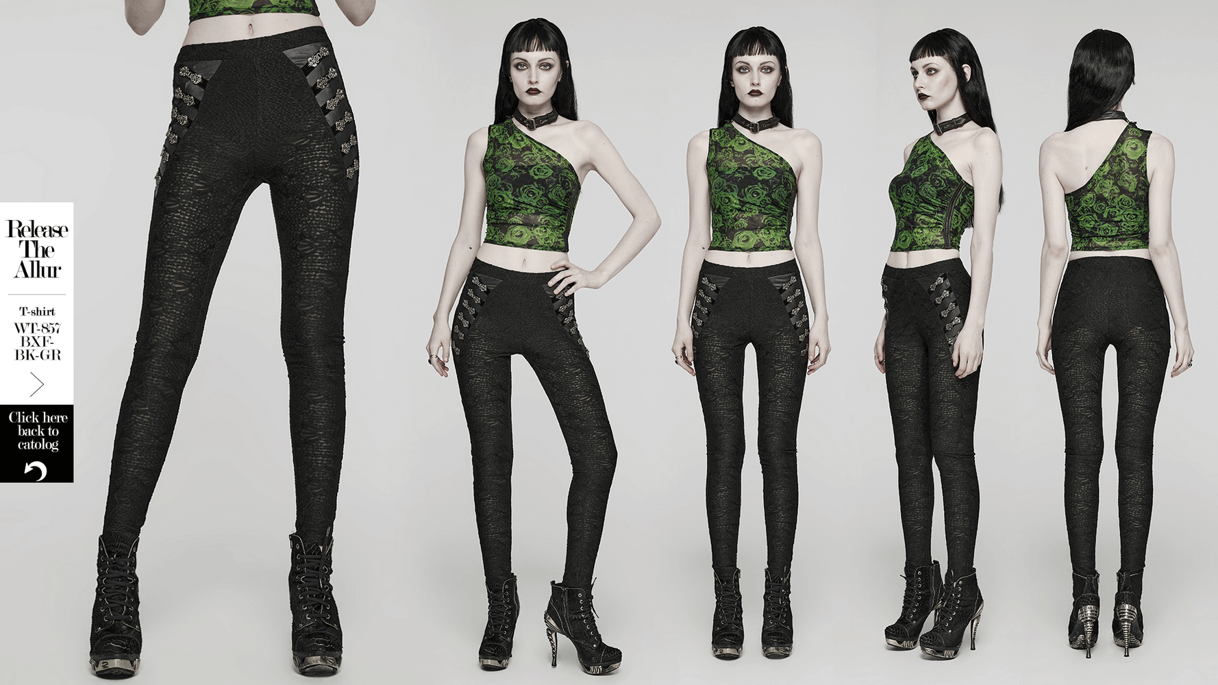 Gothic black lace skull leggings styled with a green top, showcasing a unique textured fit and edgy design.