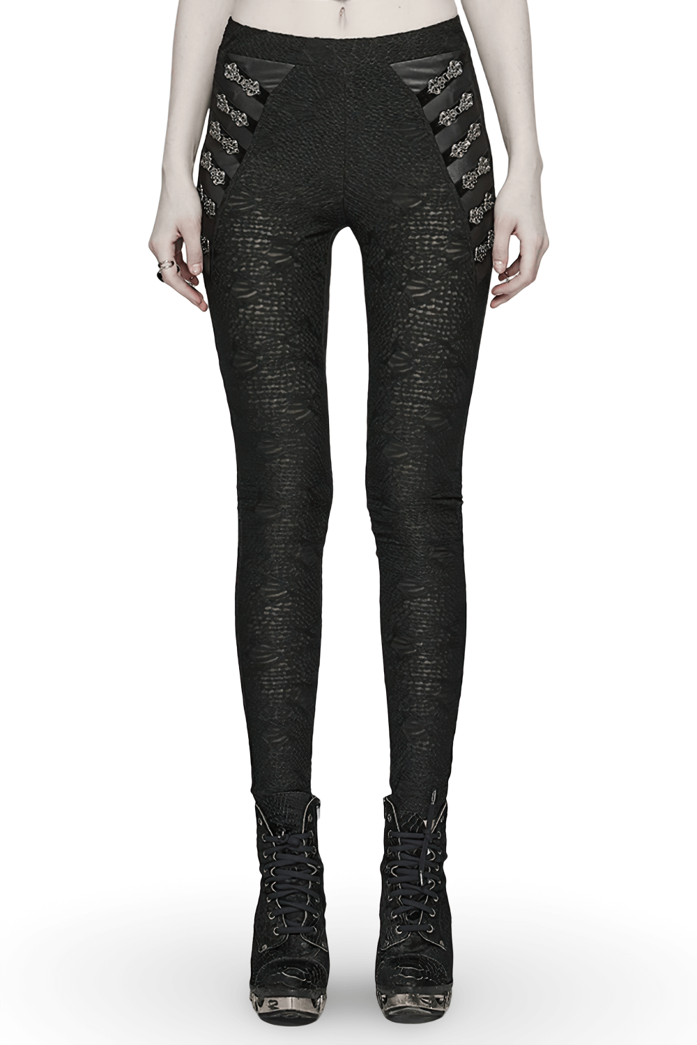 Gothic black lace skull leggings with unique stretch and engraved buckle for an edgy look.