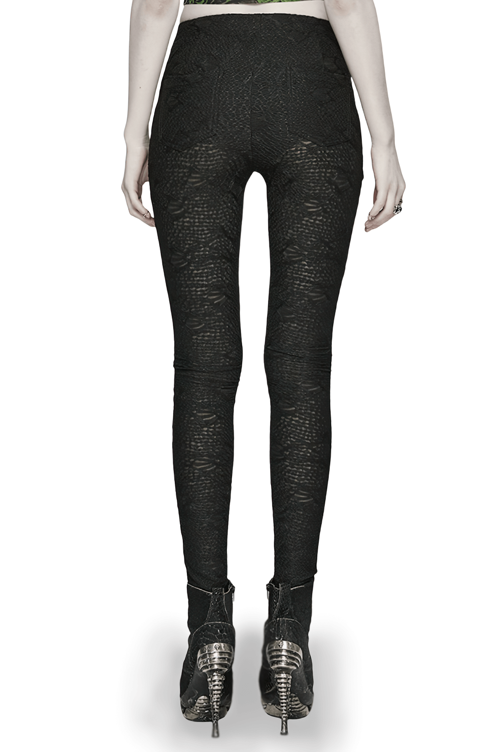Back view of Gothic Black Lace Skull Leggings showcasing textured knit for edgy style.