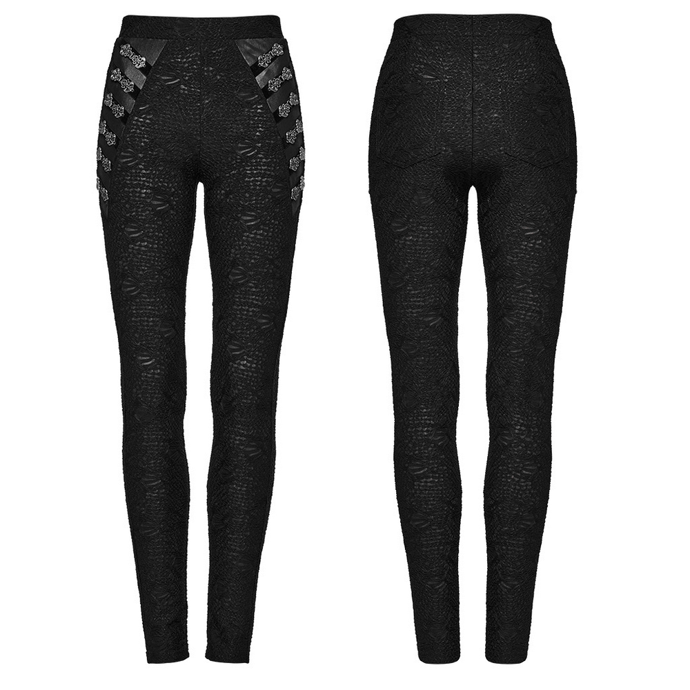 Gothic black lace skull leggings with unique texture and engraved buckle for edgy style.