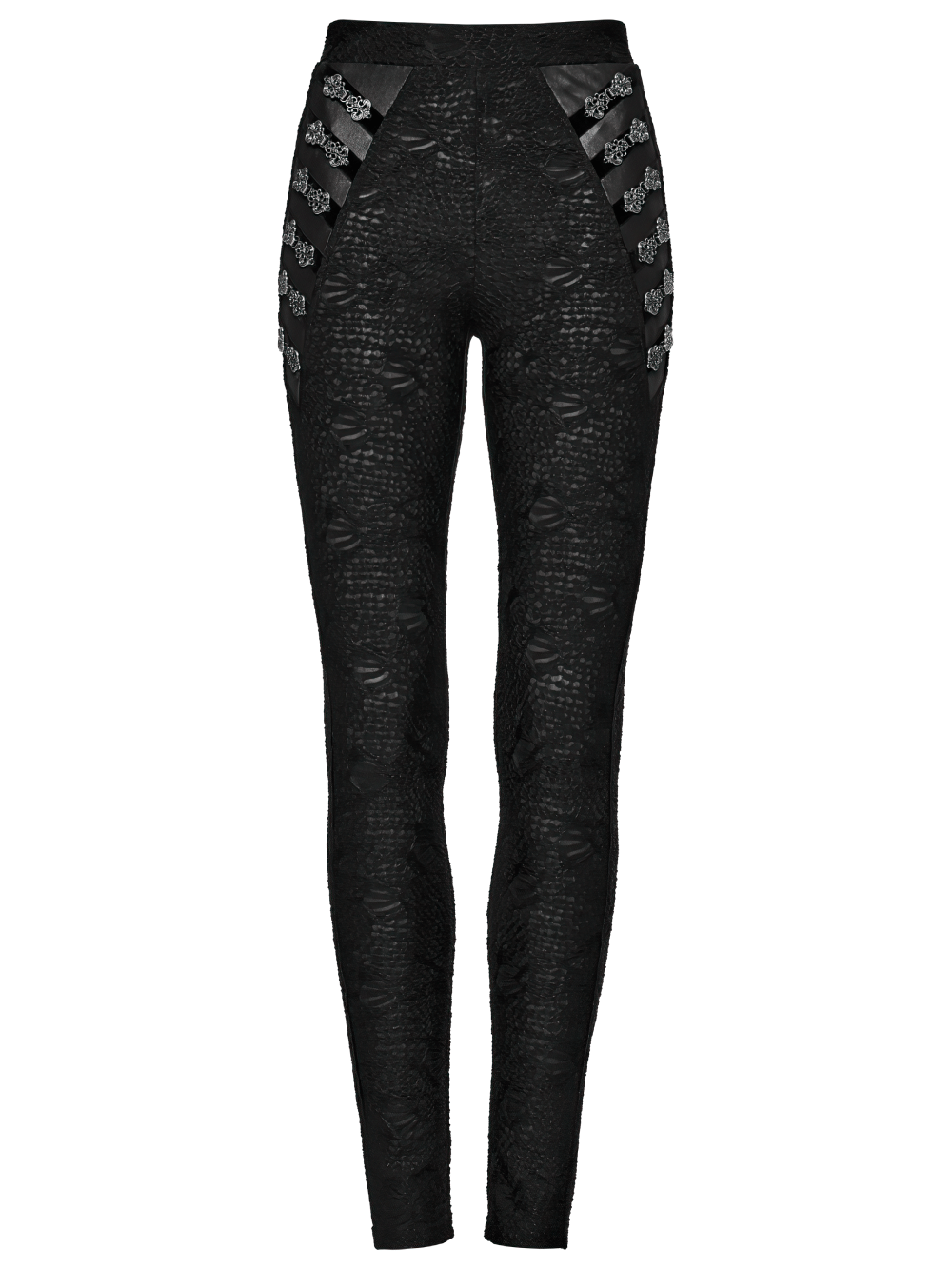 Gothic black lace skull leggings with unique textured knit and engraved buckles for an edgy look.