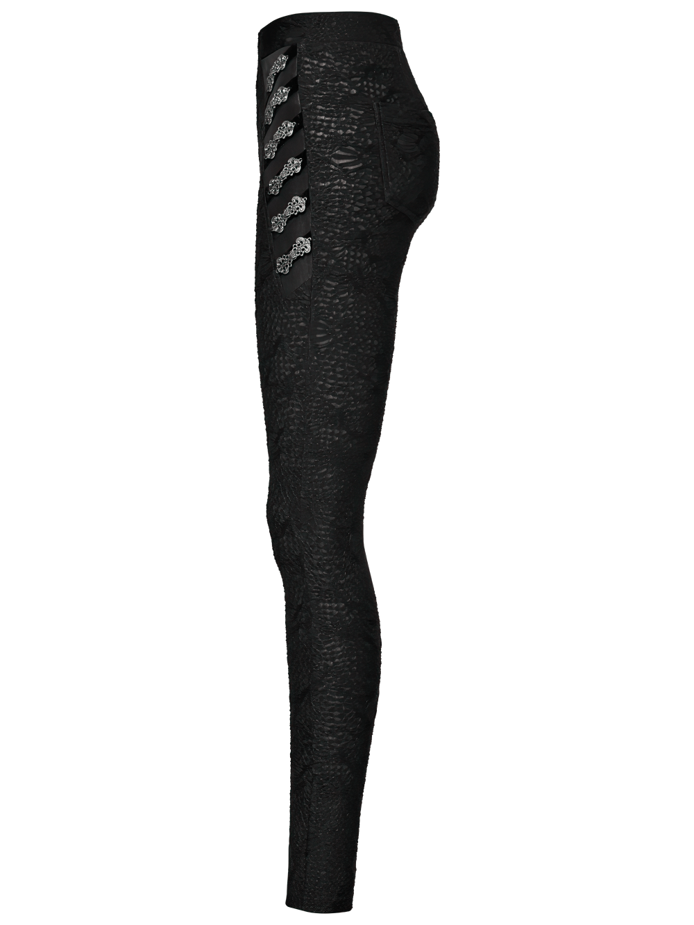 Gothic black lace skull leggings showcasing a textured pattern and hand-sewn buckle detailing for an edgy look.
