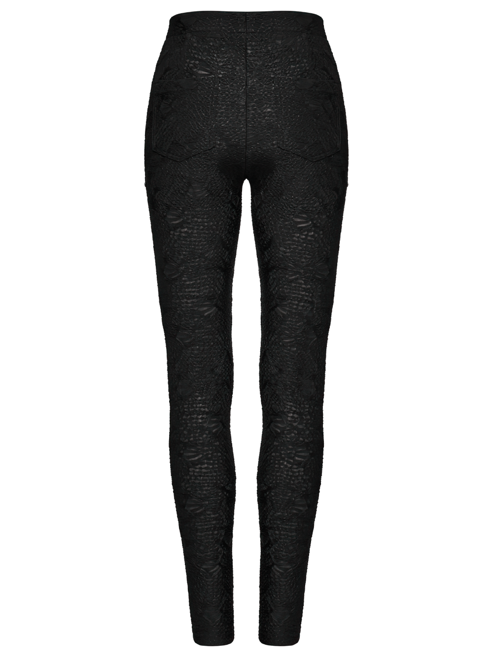 Back view of Gothic Black Lace Skull leggings showcasing textured knit and skull pattern for edgy style.