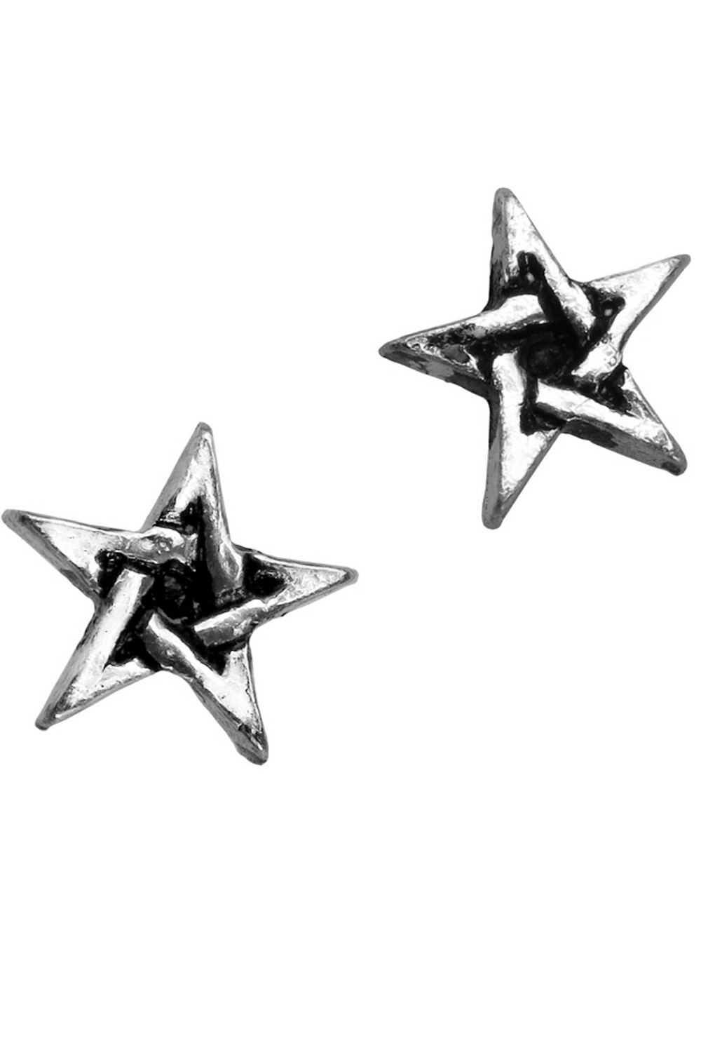 Tiny pewter pentagram earrings with star design, perfect for gothic style and magical expression.