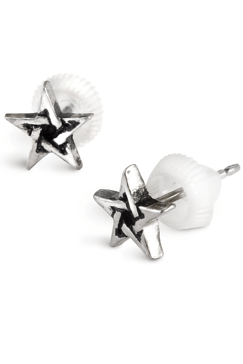 Tiny pewter pentagram earrings with star design, perfect for subtle gothic style and magical expression.