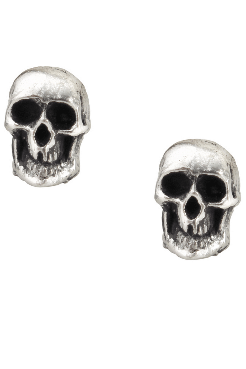 Tiny pewter skull stud earrings with a gothic edge, perfect for edgy fashion lovers.