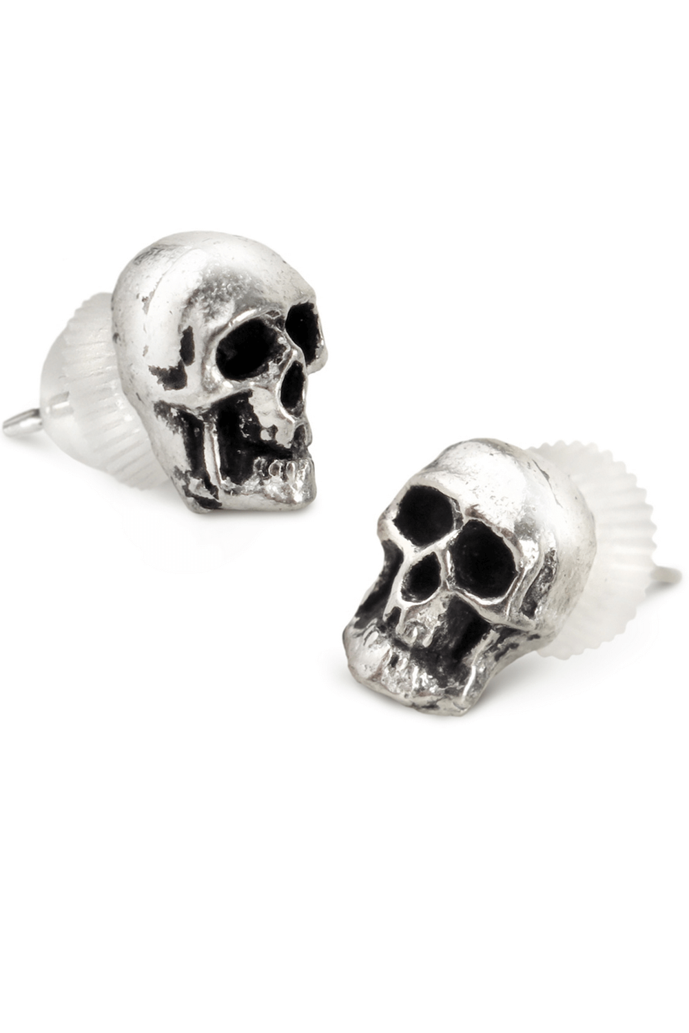 Tiny pewter skull stud earrings with a gothic edge, perfect for adding a touch of spooky style to any outfit.