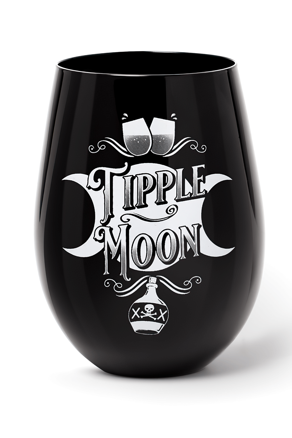 Alchemy Tipple Moon stemless glass with gothic design, perfect for wine or juice, featuring a sleek black finish.