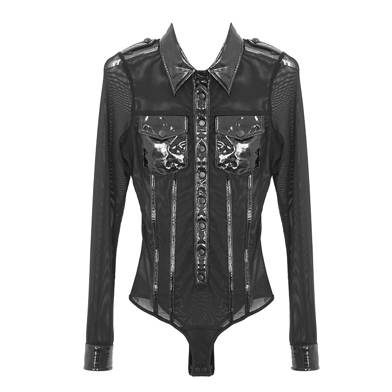 Black long sleeve transparent mesh bodysuit with PU leather accents for a gothic punk style look.