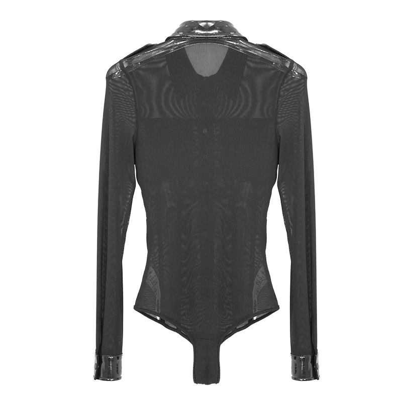 Back view of a black transparent mesh stretch bodysuit for women with long sleeves and punk-style design.