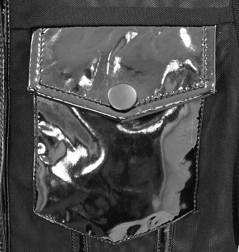 Close-up of shiny black PU patent leather pocket on a fashionable bodysuit.
