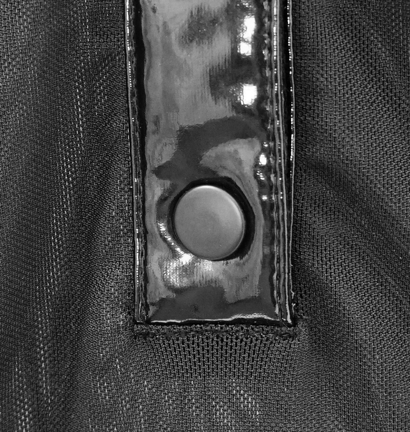 Close-up of the glossy PU patent leather insert and snap button detail on a black bodysuit.