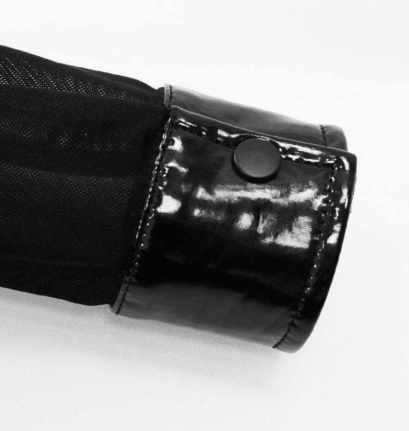 Close-up of the cuff detail on a black mesh bodysuit with glossy PU leather trim.