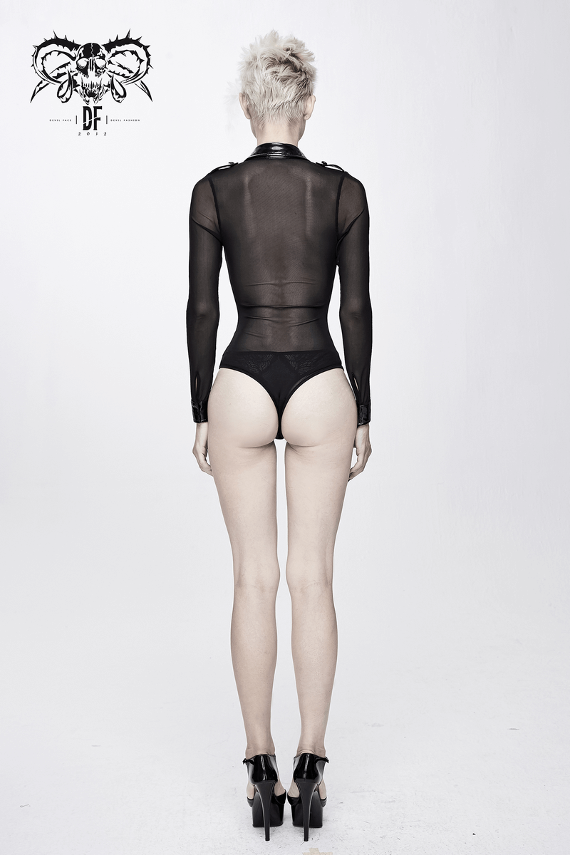 Back view of a woman in a transparent black mesh bodysuit with long sleeves, showcasing punk-style fashion.