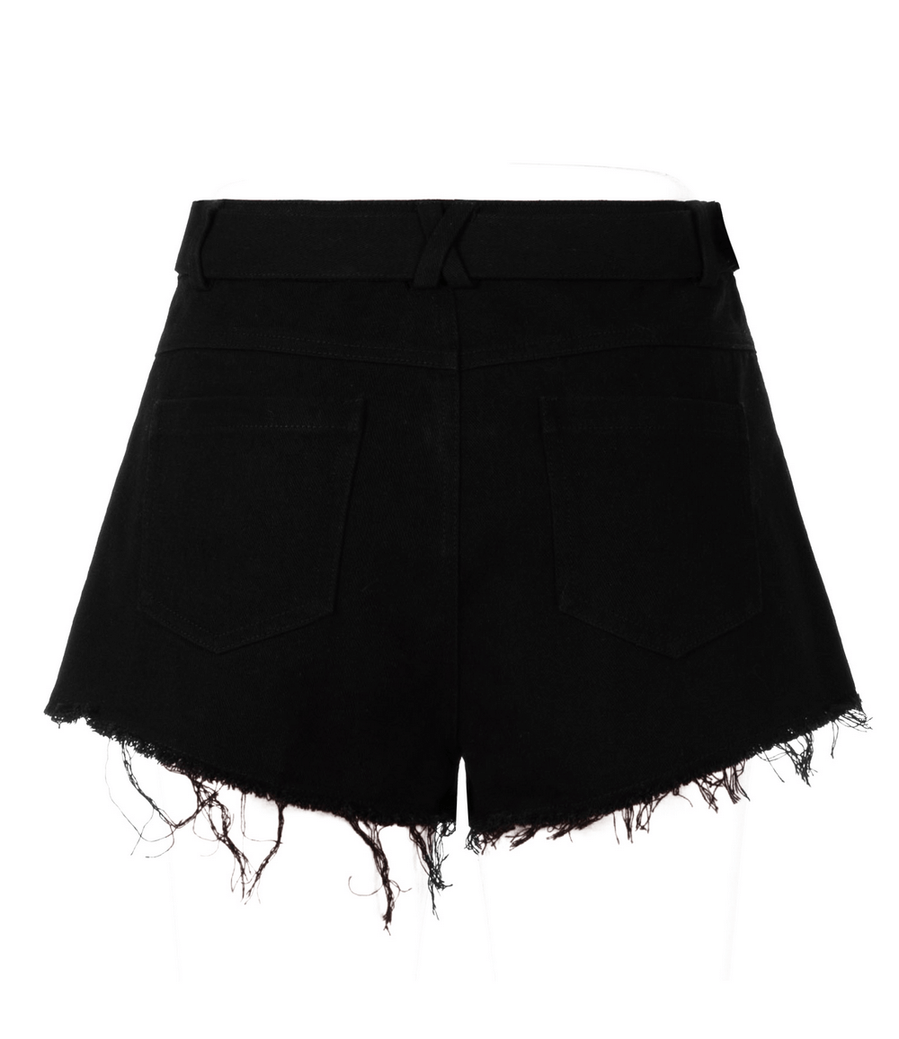 Trendy Black Denim Heart Buckle and Zip Shorts
