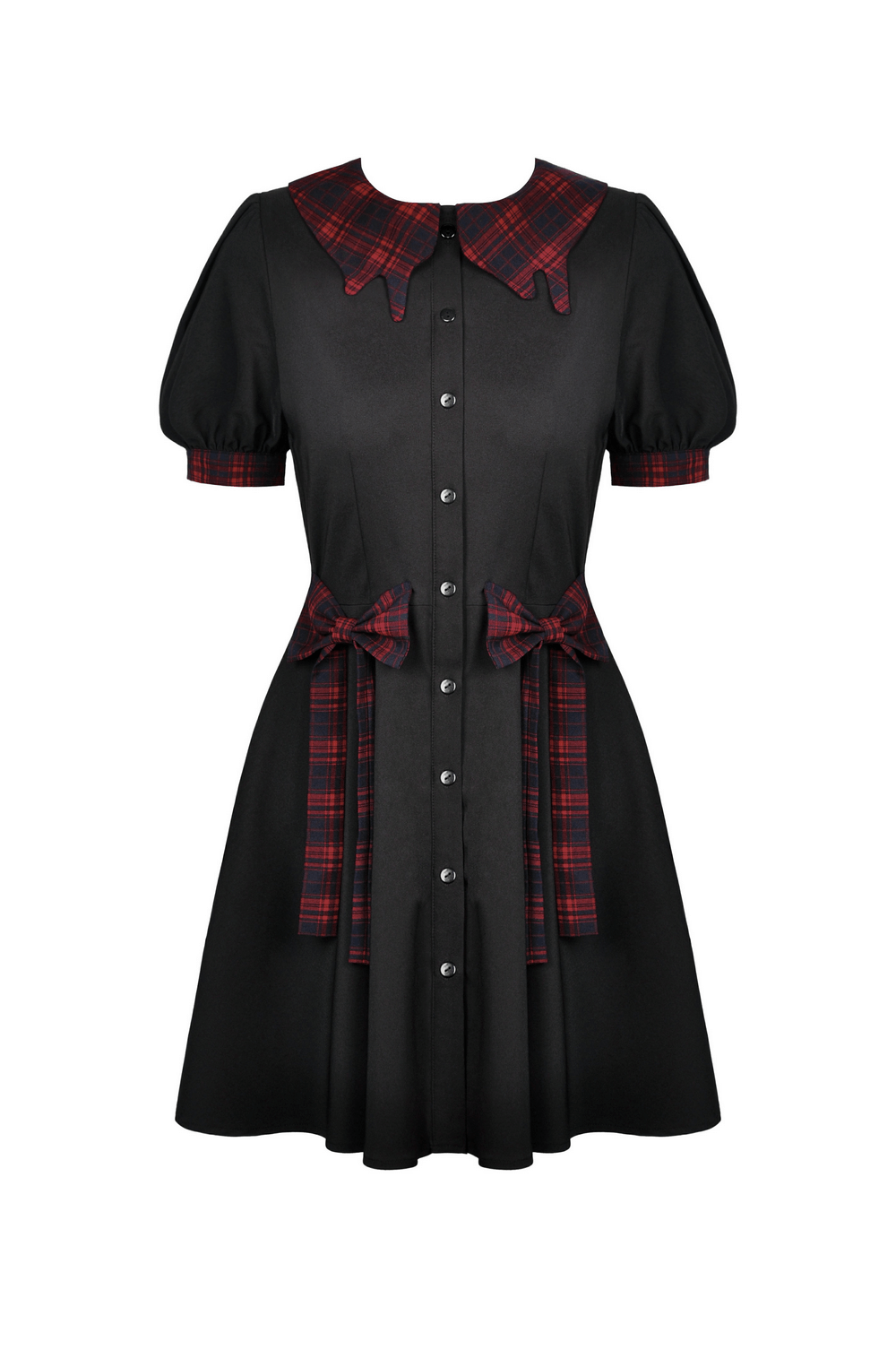 Trendy black A-line dress with plaid accents and bow details, perfect for spring and summer outings.