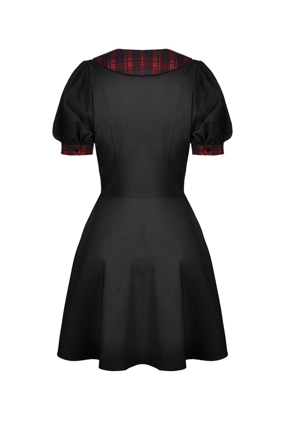 Trendy black A-line dress with plaid accents and bow detail, perfect for casual spring and summer outings.