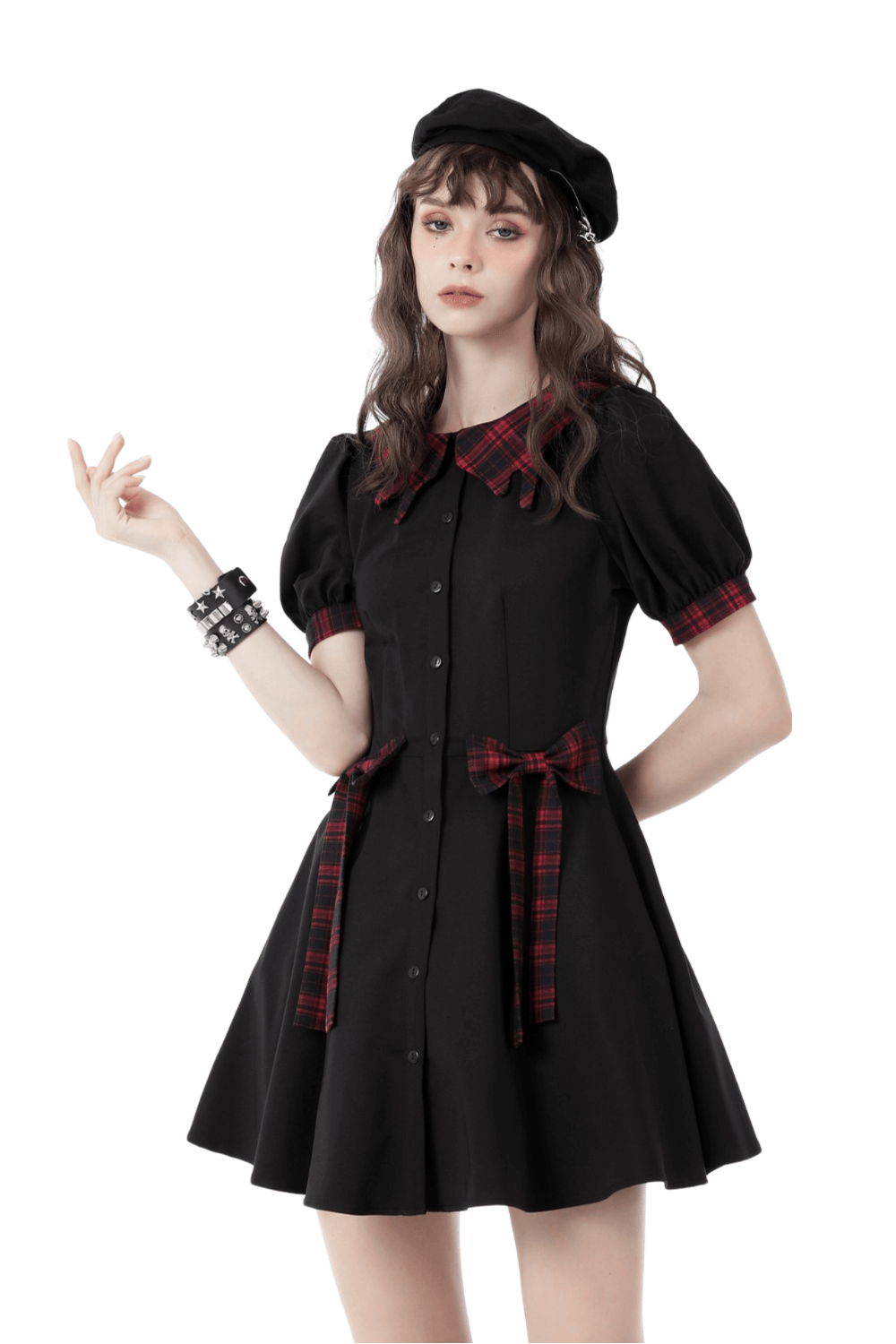 Trendy black A-line dress with plaid accents and bow details, perfect for casual spring and summer outings.