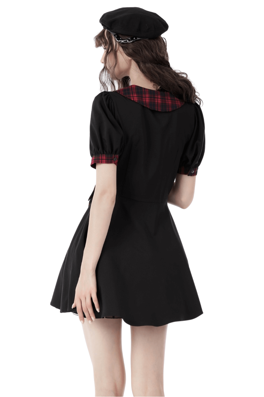 Chic black A-line dress with plaid collar and bow detail, perfect for spring or summer outings.