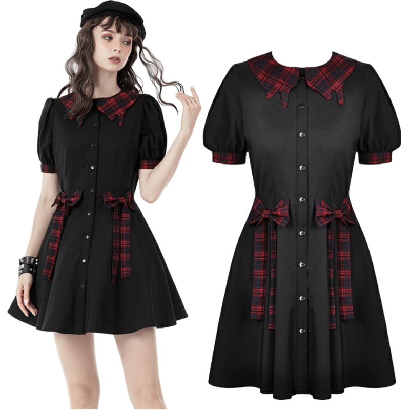 Trendy black A-line dress with plaid accents and bow details, perfect for casual spring and summer outings.