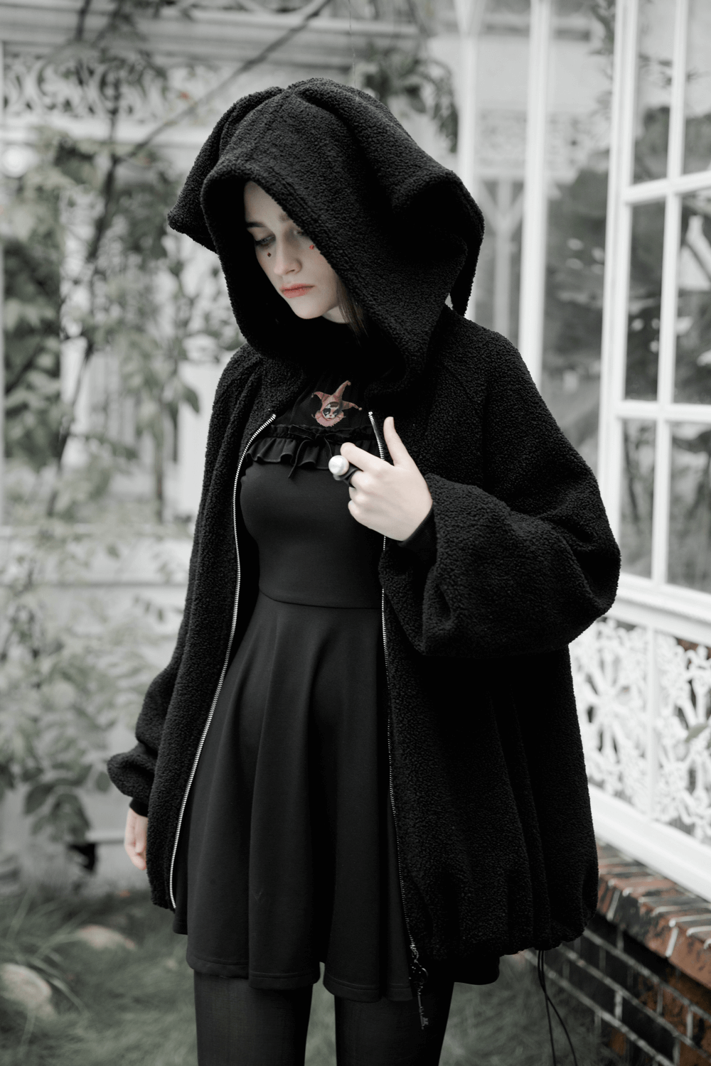 Trendy Black Hooded Jacket with Bunny Plush Purse