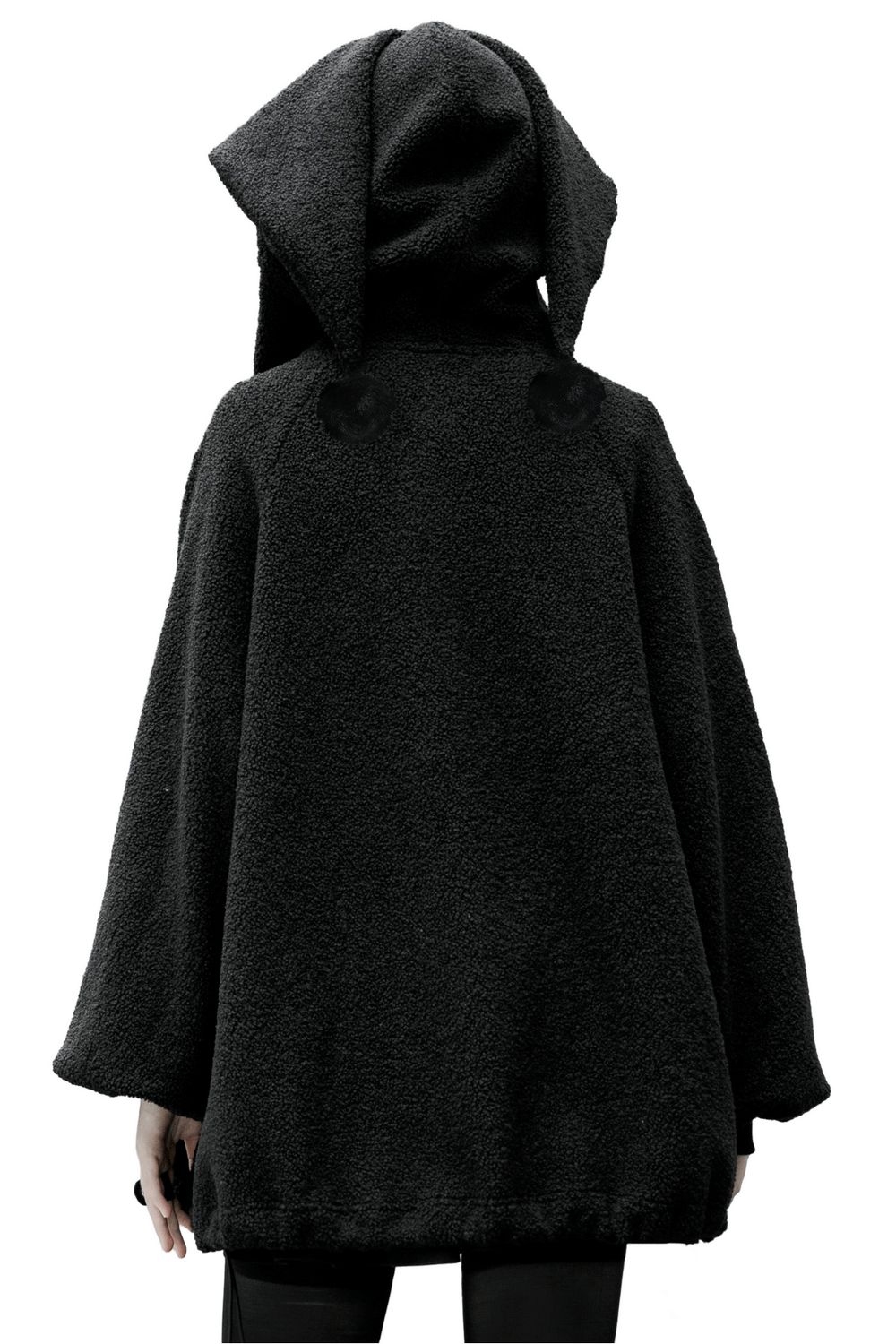 Back view of a trendy black hooded jacket with bunny ears, featuring soft teddy fleece and a unique design.